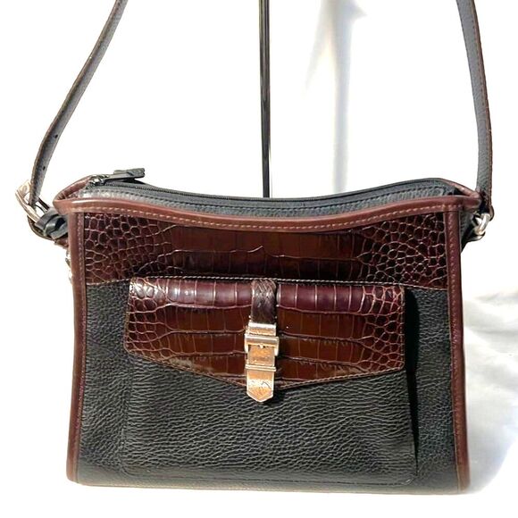 Brighton Black Pebbled Leather/Brown Croc Shoulder Bag - EUC - Picture 1 of 11